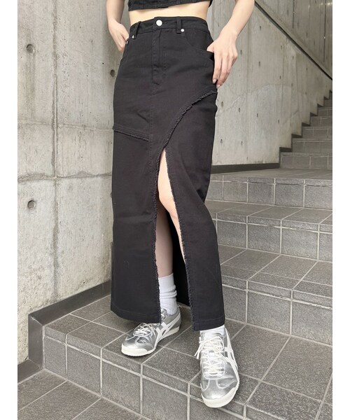 MURUA（ムルーア）の「デニムフロントオープンロングスカート（デニムスカート・レディース・ブラック/ブルー/アイスブルー・1/2）」の3枚目の写真