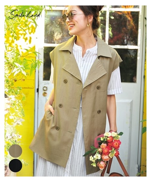 nissen（ニッセン）の「大きいサイズ ドロップショルダートレンチジレ（共布ベルト付）（ベスト・レディース・カーキ/黒・L/LL/3L/4L/5L/6L/8L/10L）」の3枚目の写真