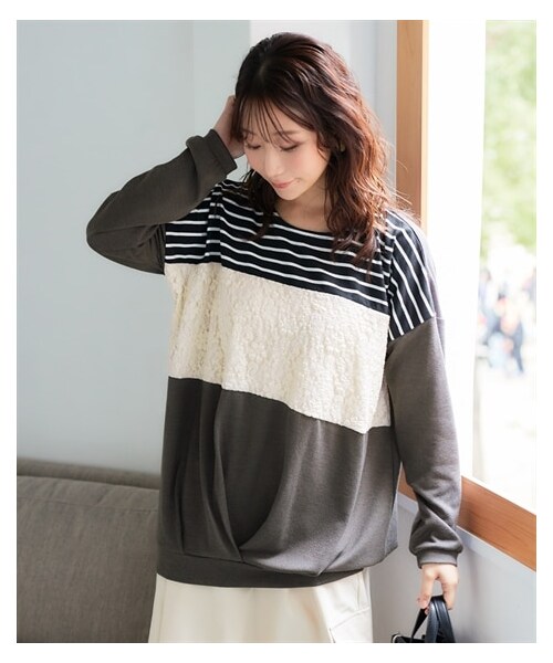 nissen（ニッセン）の「＜大きいサイズ＞レース使い配色裾タックニットソープルオーバー（Tシャツ/カットソー・レディース・ベージュ/ブルーグリーン/チャコール・L/LL/3L/4L/5L/6L/8L/10L）」の16枚目の写真