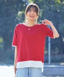 nissen | 大きいサイズ　綿１００％汗染みしにくい５分袖重ね着風オーバーサイズＴシャツ（フェイクレイヤード）(チュニック)
