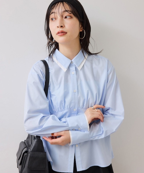 VIS(ビス)の「無地&ストライプダブルカラーウエスト切り替えシャツ(シャツ/ブラウス・レディース・ホワイト/ベージュ/サックス・F)」の5枚目の写真