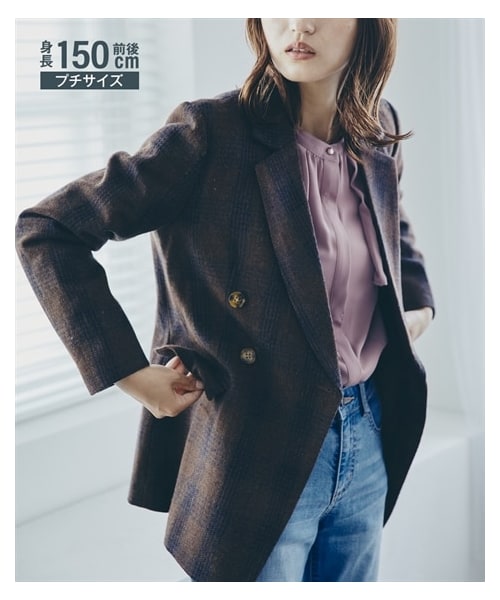 nissen（ニッセン）の「小さいサイズ　ロング丈チェック柄ダブルジャケット　低身長さん・小柄女性（テーラードジャケット・レディース・ブラック/ブラウン・P1/P2）」の3枚目の写真