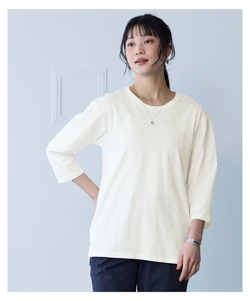 nissen（ニッセン）の「綿１００％汗染みしにくいクルーネック７分袖Ｔシャツ＜大きいサイズ有＞（Tシャツ/カットソー・レディース・黒/ネイビー/オフホワイト/グレイッシュモカ/モスカーキ/ロイヤルグリーン/スモークピンク/アプリコット/ライムイエロー/ダークグリーン/ラズベリー/グレイッシュパープル/ソフトピンク・L/LL/3L/4L/5L/6L/8L/10L/M/S）」の18枚目の写真