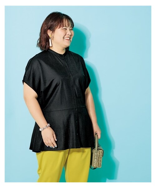 nissen（ニッセン）の「＜大きいサイズ＞美ラクRUタッチフレンチスリーブペプラムバンドカラーチュニック（接触冷感・ＵＶカット・抗菌防臭）（チュニック・レディース・ミントグリーン/黒/グレージュ・L/LL/3L/4L/5L/6L/8L/10L）」の11枚目の写真