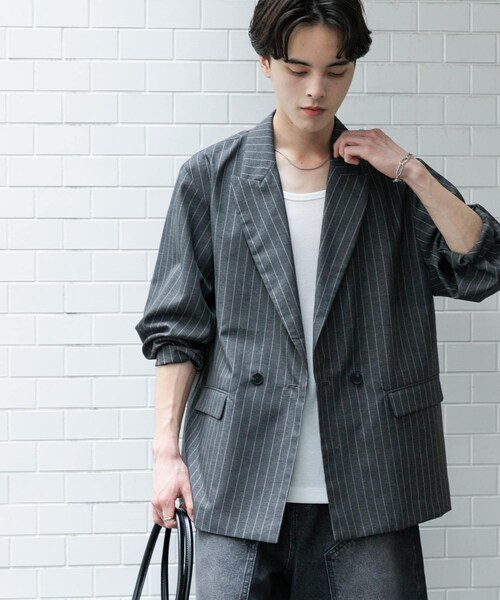 SENSE OF PLACE by URBAN RESEARCH（センスオブプレイスバイアーバンリサーチ）の「『セットアップ対応』『イージーケア/速乾』リネンライクピンストライプルーズジャケット（テーラードジャケット・メンズ・GRAY/BEIGE・M/L）」の7枚目の写真