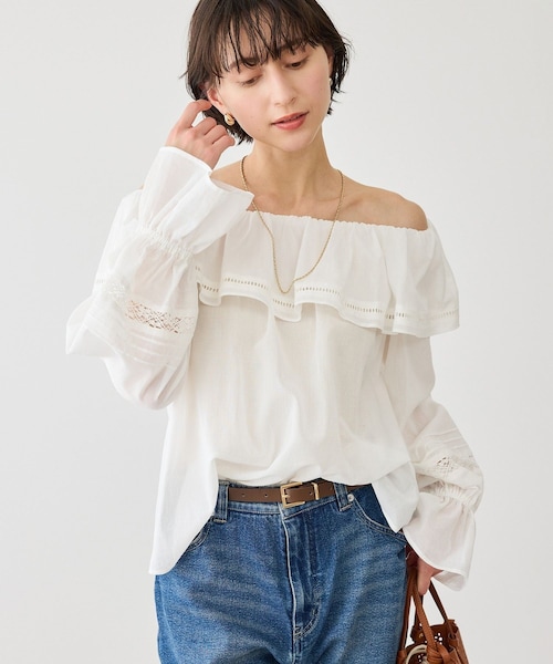 ROPE' PICNIC(ロペピクニック)の「お着軽シャツシリーズ レース使い2WAYオフショルシアーブラウス/接触冷感・通気性(シャツ/ブラウス・レディース・ブラック/ホワイト/ブルー系/イエロー・F)」の22枚目の写真