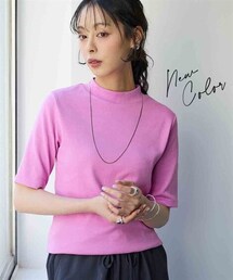nissen | UVカット綿１００％フライス素材プチハイネック５分袖Tシャツ＜大きいサイズ有＞(Tシャツ/カットソー)
