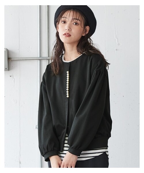 nissen（ニッセン）の「大きいサイズゆるシルエットやわらかデザインジャケット（ノーカラージャケット・レディース・黒/カーキ・L/LL/3L/4L/5L/6L/8L/10L）」の2枚目の写真