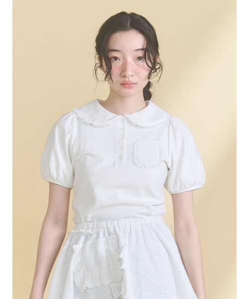 merry jenny（メリージェニー）の「frilly summer polo top（ポロシャツ・レディース・オフホワイト/ピンク/ミントグリーン・F）」の2枚目の写真