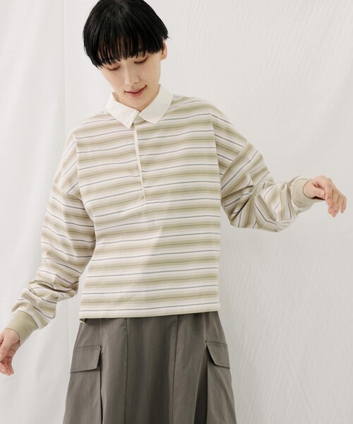 EKAL（エカル）の「ネイチャーボーダープルオーバー（Tシャツ/カットソー・レディース・MILK WHITE/MOSS KHAKI・one）」の3枚目の写真