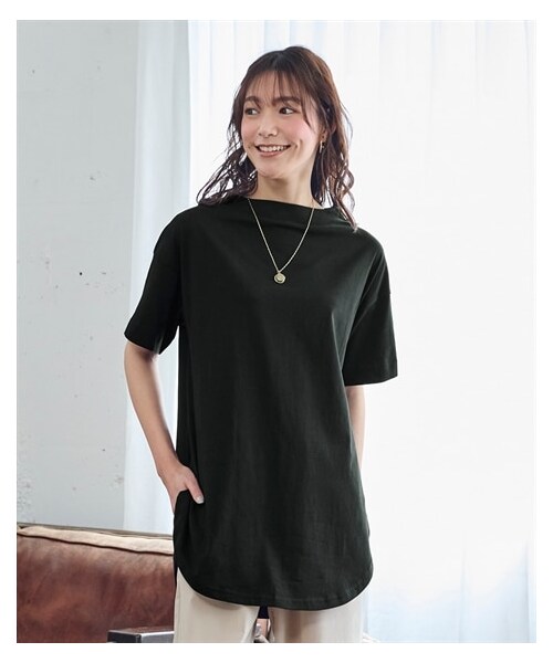 nissen（ニッセン）の「大きいサイズ ひんやりUSAコットン１００％ゆるシルエットモックネックチュニック（接触冷感・毛玉防止・UVカット）（チュニック・レディース・ソフトカーキ/オフホワイト系ボーダー/チャコールグレー/黒・L~LL相当/3L~4L相当/5L~6L相当/8L相当/10L相当）」の11枚目の写真