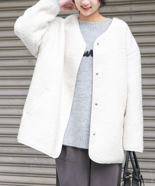 ITEMS URBANRESEARCH(アイテムズ アーバンリサーチ)の「ボアジャケット(ノーカラージャケット・レディース・OFF/GRY/L.BRN・Free)」の9枚目の写真