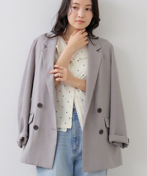 VIS(ビス)の「ドット&無地 レースドッキングレイヤード風リブカットソー(Tシャツ/カットソー・レディース・オフホワイト/ネイビー/サックス・F)」の14枚目の写真