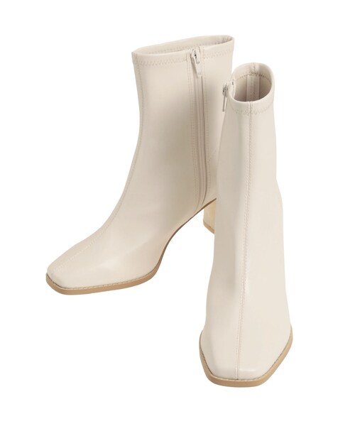 MERCURYDUO（マーキュリーデュオ）の「フェイクレザースクエアトゥストレッチショートブーツ（ブーツ・レディース・アイボリー/ブラック・36/38）」の2枚目の写真