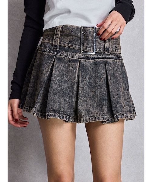 GYDA（ジェイダ）の「ハイウエストWIDE BELTプリーツデニムスカートライクショートパンツ（デニムスカート・レディース・アイスブルー/インディゴ/ミックス・S/M）」の4枚目の写真