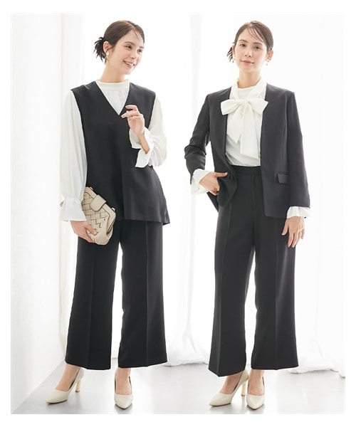 nissen（ニッセン）の「【レディーススーツ】ドビー素材セットアップパンツスーツ４点セット（ノーカラージャケット＋ジレ＋ブラウス＋セミワイドパンツ）<大きいサイズ有>（フォーマルスーツ/小物・レディース・ネイビー+オフベージュ/黒+オフベージュ・S/M/L/LL/3L/4L/5L/6L/8L）」の14枚目の写真