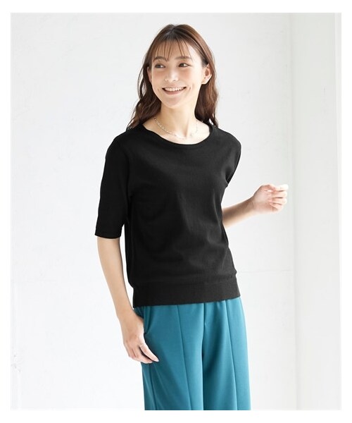 nissen（ニッセン）の「大きいサイズ ［優しい肌触りのド定番シリーズ］５分袖ニット（アンサンブル可）（ニット/セーター・レディース・シーグリーン/フューシャピンク/モカ/黒/ダークグリーン・L/LL/3L/4L/5L/6L/8L/10L）」の3枚目の写真