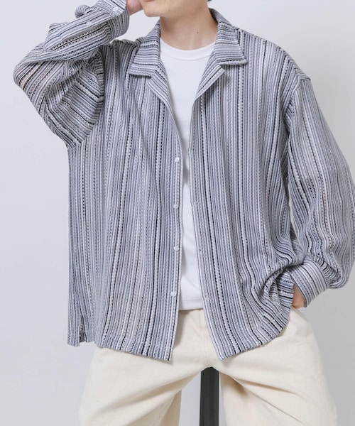 ITEMS URBANRESEARCH(アイテムズ アーバンリサーチ)の「マルチストライプレースオープンカラーシャツ(シャツ/ブラウス・メンズ・BLU/BLK/GRN・M/L)」の7枚目の写真