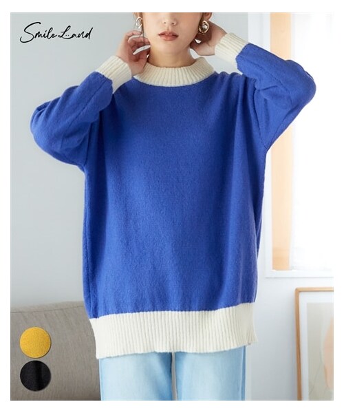 nissen（ニッセン）の「大きいサイズ ふんわり軽い配色ニットプルオーバー（ニット/セーター・レディース・ブルー系/黒系/マスタード系・L/LL/3L/4L/5L/6L/8L/10L）」の2枚目の写真