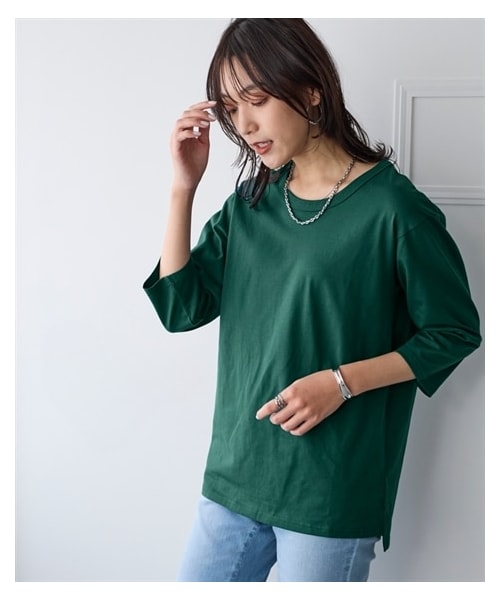 nissen（ニッセン）の「綿１００％汗染みしにくいクルーネック７分袖Ｔシャツ＜大きいサイズ有＞（Tシャツ/カットソー・レディース・黒/ネイビー/オフホワイト/グレイッシュモカ/モスカーキ/ロイヤルグリーン/スモークピンク/アプリコット/ライムイエロー/ダークグリーン/ラズベリー/グレイッシュパープル/ソフトピンク/赤・L/LL/3L/4L/5L/6L/8L/10L/M/S）」の7枚目の写真