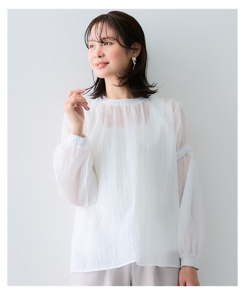 nissen（ニッセン）の「ストライプシアーボリューム袖ブラウス＜大きいサイズ有＞（シャツ/ブラウス・レディース・オフホワイト/黒・S/M/L/LL/3L）」の5枚目の写真