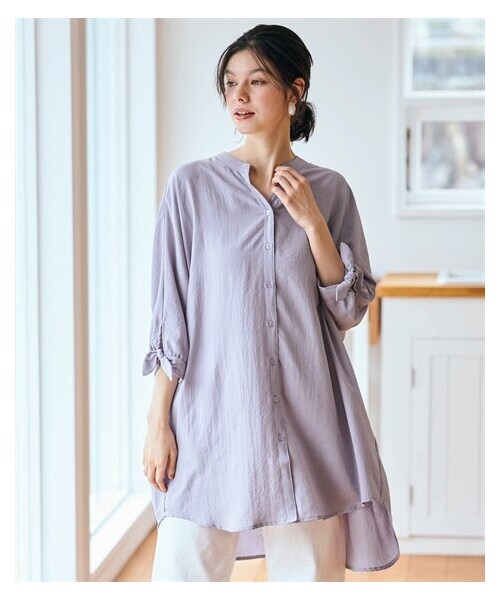 nissen（ニッセン）の「＜大きいサイズ＞【ドライワッシャー】袖リボンビックシャツ（吸汗速乾）（シャツ/ブラウス・レディース・モカ/チャコール/ネイビー/ラベンダー・L/LL/3L/4L/5L/6L/8L/10L）」の4枚目の写真
