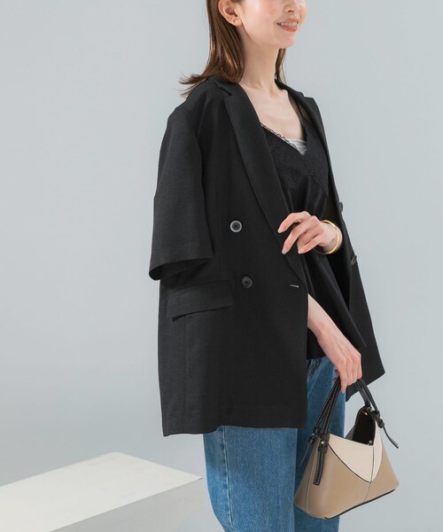 URBAN RESEARCH ROSSO（アーバンリサーチロッソ）の「防シワ リネンライクハーフスリーブジャケット（テーラードジャケット・レディース・L.BEIGE/BLACK・36/38）」の14枚目の写真