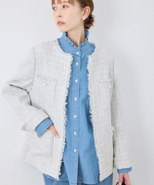 ROPE' PICNIC（ロペピクニック）の「セレモニー・通勤対応/ツイードジャケット/リンクコーデ（ノーカラージャケット・レディース・ブラック系/ライトグレー/オフホワイト/ネイビー・36/38）」の6枚目の写真