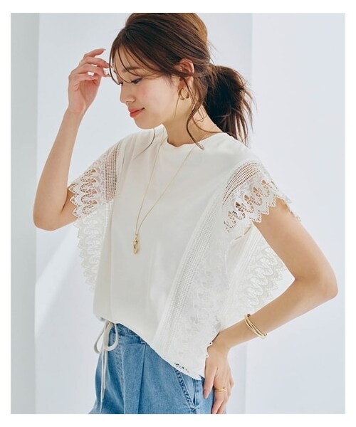 nissen（ニッセン）の「袖レースカットソートップス（Tシャツ/カットソー・レディース・オフホワイト/黒・S/M/L/LL）」の13枚目の写真