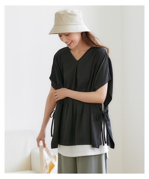 nissen（ニッセン）の「大きいサイズ綿100％汗染みしにくいポンチョ重ね着風チュニック（カットソー）（チュニック・レディース・黒/マホガニーブラウン/キャメル/スモーキーパープル/カーキ・L~LL相当/3L~4L相当/5L~6L相当/8L相当/10L相当）」の3枚目の写真