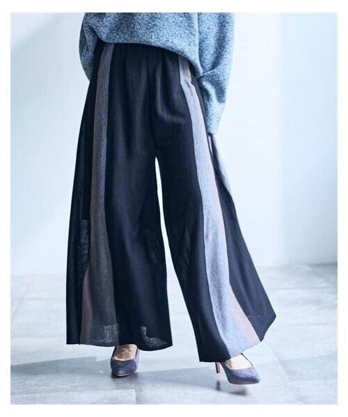 nissen（ニッセン）の「ストライプ柄ニットガウチョパンツ【OtonaSMILE】（パンツ・レディース・黒系/カーキ系・M/L/LL/3L/4L）」の4枚目の写真