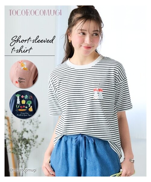 nissen（ニッセン）の「＜大きいサイズ＞【トコロコムギ】にゃんこ半袖Ｔシャツ（Tシャツ/カットソー・レディース・ピンク/黒×ホワイトボーダー/ネイビー・L/LL/3L/4L/5L）」の3枚目の写真