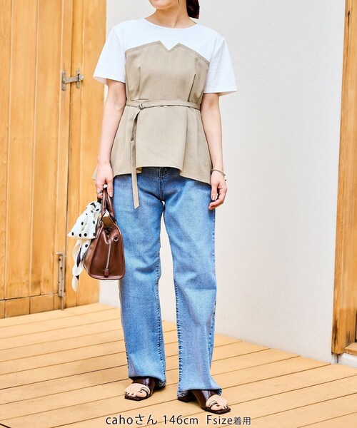 ROPE' PICNIC(ロペピクニック)の「【cahoさんコラボ】低身長・小柄さんサイズ エアリーリネンライク ドッキングカットトップス(Tシャツ/カットソー・レディース・ブラック/ダークブラウン/キャメル/ベージュ/ネイビー・F)」の13枚目の写真