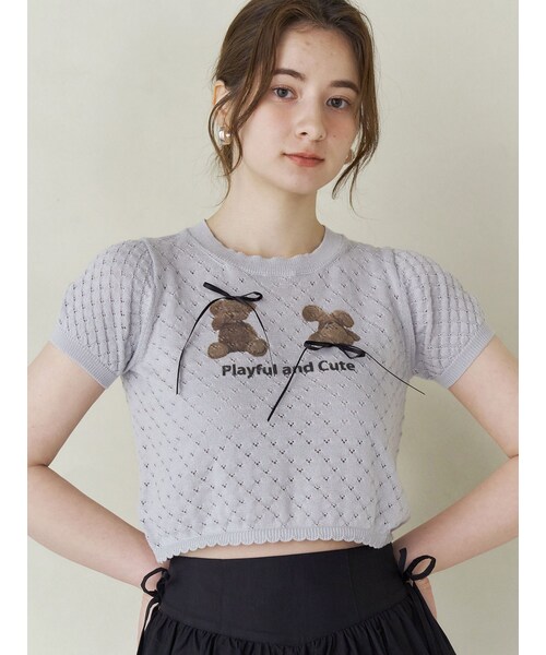 CALNAMUR（カルナムール）の「BEAR PRINT RIBBON KNIT /ベアプリントリボンニット（ニット/セーター・レディース・ホワイト/ピンク/アイスブルー・F）」の10枚目の写真