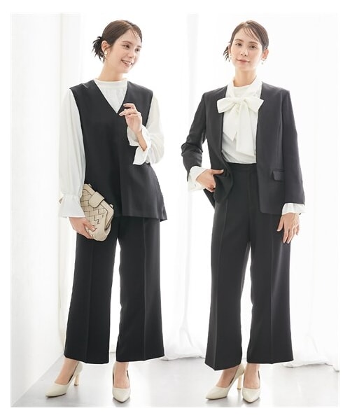 nissen（ニッセン）の「【レディーススーツ】ドビー素材セットアップパンツスーツ４点セット（ノーカラージャケット＋ジレ＋ブラウス＋セミワイドパンツ）<大きいサイズ有>（フォーマルスーツ/小物・レディース・ネイビー+オフベージュ/黒+オフベージュ・S/M/L/LL/3L/4L/5L/6L/8L）」の12枚目の写真