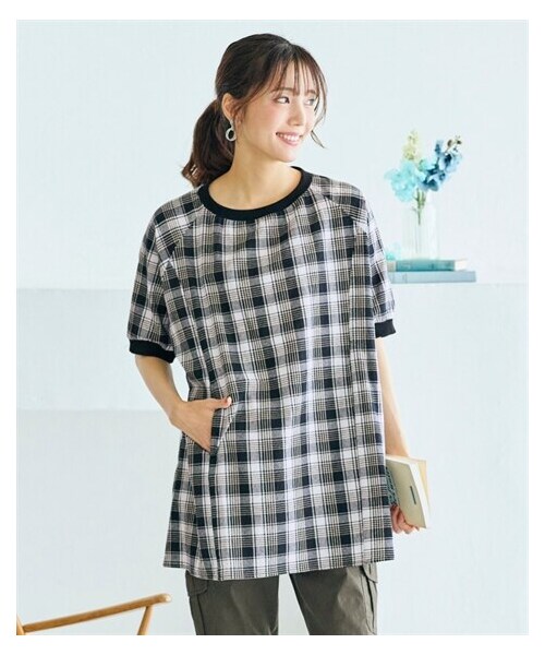 nissen（ニッセン）の「＜大きいサイズ＞綿１００％柔らかラグランスリーブチュニック（Tシャツ/カットソー・レディース・黒系チェック/ベージュ系ストライプ/ブルー系ストライプ/ブラックウォッチ・L/LL/3L/4L/5L/6L/8L/10L）」の10枚目の写真