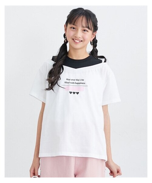 nissen（ニッセン）の「肩開き重ね着風半袖Tシャツ（女の子）（Tシャツ/カットソー・キッズ・オフホワイト/黒/杢グレー・140/150/160）」の4枚目の写真