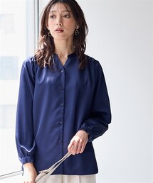nissen | ＜大きいサイズ＞ サテンスキッパーギャザーシャツ（防しわ）(シャツ/ブラウス)