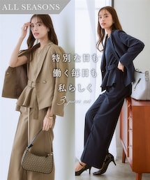 nissen | 【レディーススーツ】3点セットスーツ（ダブルブレストテーラードジャケット＋共布ベルト付半袖ブラウス＋ワイドパンツ）(スーツセット)