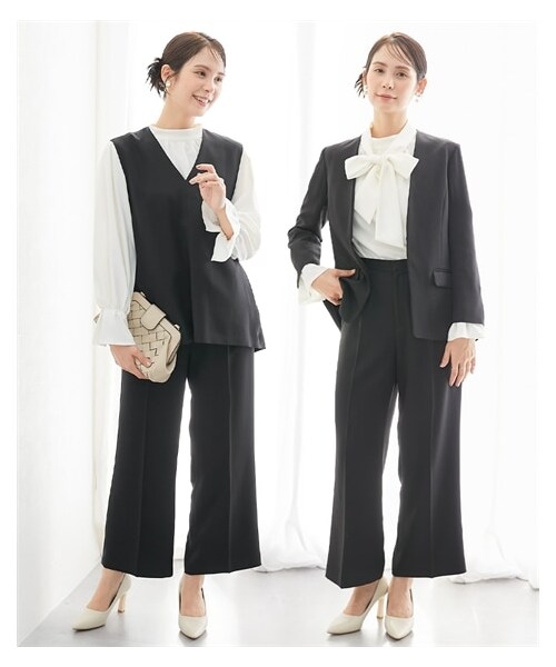 nissen（ニッセン）の「【レディーススーツ】ドビー素材セットアップパンツスーツ４点セット（ノーカラージャケット＋ジレ＋ブラウス＋セミワイドパンツ）<大きいサイズ有>（フォーマルスーツ/小物・レディース・ネイビー+オフベージュ/黒+オフベージュ・S/M/L/LL/3L/4L/5L/6L/8L）」の19枚目の写真