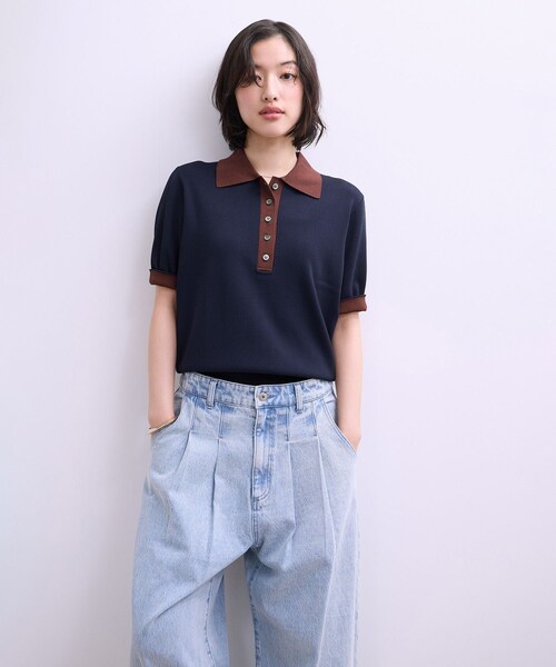 ADAM ET ROPE'(アダムエロペ)の「【WEB限定】ハーフスリーブバイカラーポロニット(ポロシャツ・レディース・ブラック/ネイビー/サックス・F)」の16枚目の写真