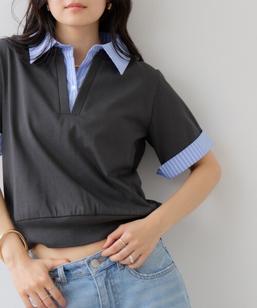 VIS(ビス)の「ICE BEAUTY ドッキング衿ハーフスリーブプルオーバー/UVケア・接触冷感・汗染み防止(Tシャツ/カットソー・レディース・チャコール/ライトグレー/オフホワイト・F)」の11枚目の写真