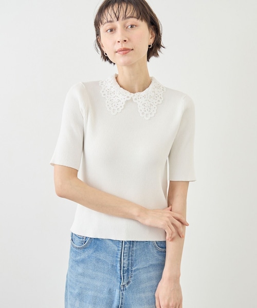 ROPE' PICNIC(ロペピクニック)の「レースカラーハーフスリーブリブニット(ニット/セーター・レディース・ライトグレー/オフホワイト/ネイビー・M/S)」の16枚目の写真