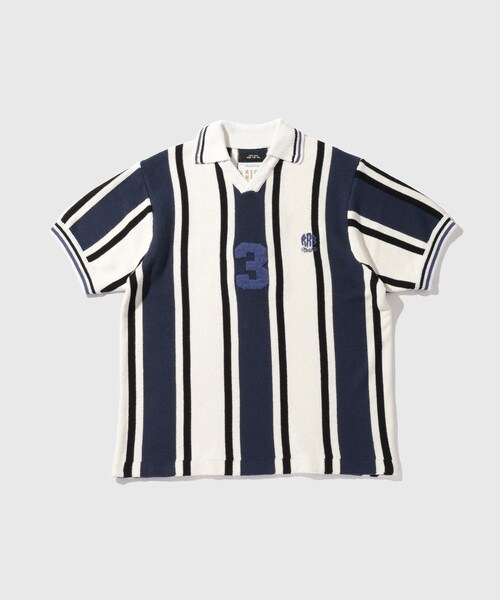 ADAM ET ROPE'（アダムエロペ）の「【RICE NINE TEN/ライス ナイン テン】KNITTED SOCCER SHIRT（ポロシャツ・メンズ・ホワイト系/ネイビー・1/2）」の3枚目の写真
