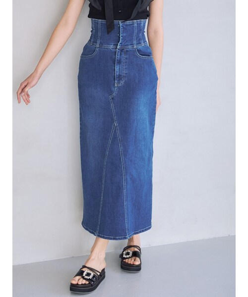 MERCURYDUO（マーキュリーデュオ）の「デニムコルセットバックスリットロングスカート（デニムスカート・レディース・ブルー/インディゴ・S/M）」の2枚目の写真