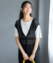 nissen | ＜大きいサイズ＞２点セット（前あきべスト＋綿100％半袖Ｔシャツ）(Tシャツ/カットソー)