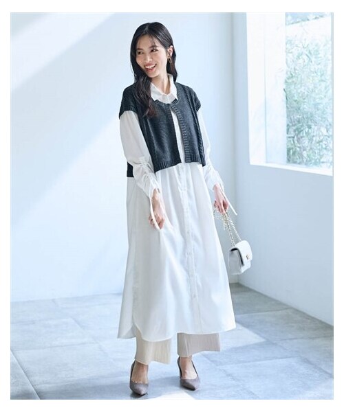 nissen（ニッセン）の「袖ドロストニット使いシャツワンピース【OtonaSMILE】（ワンピース・レディース・オフホワイト×杢チャコールグレー/ネイビー系・M/L/LL/3L/4L）」の4枚目の写真