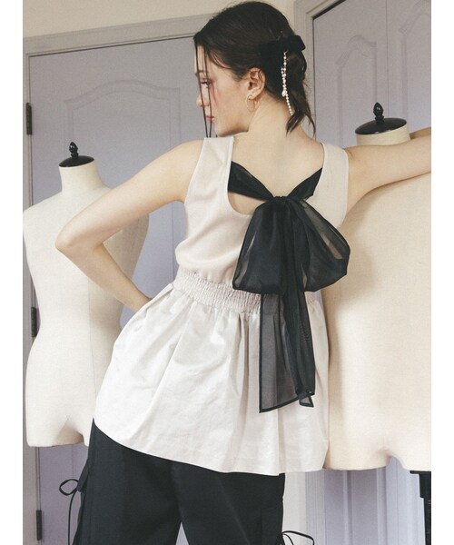 CALNAMUR（カルナムール）の「BACK RIBBON PEPLUM TOPS/バックリボンペプラムトップス（Tシャツ/カットソー・レディース・ブラック/ピンク/ベージュ・F）」の17枚目の写真