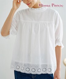 nissen | 綿１００％スタンドネックスカラップレース刺しゅうブラウス【Otona Purete】(シャツ/ブラウス)