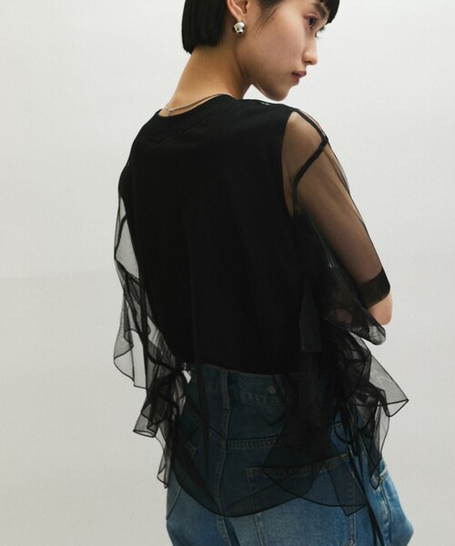 ADAM ET ROPE'(アダムエロペ)の「【WEB限定】・【サステナブル】・【定番】ギャザーチュールトップス(Tシャツ/カットソー・レディース・ブラック/ホワイト/ダークブラウン・F)」の13枚目の写真